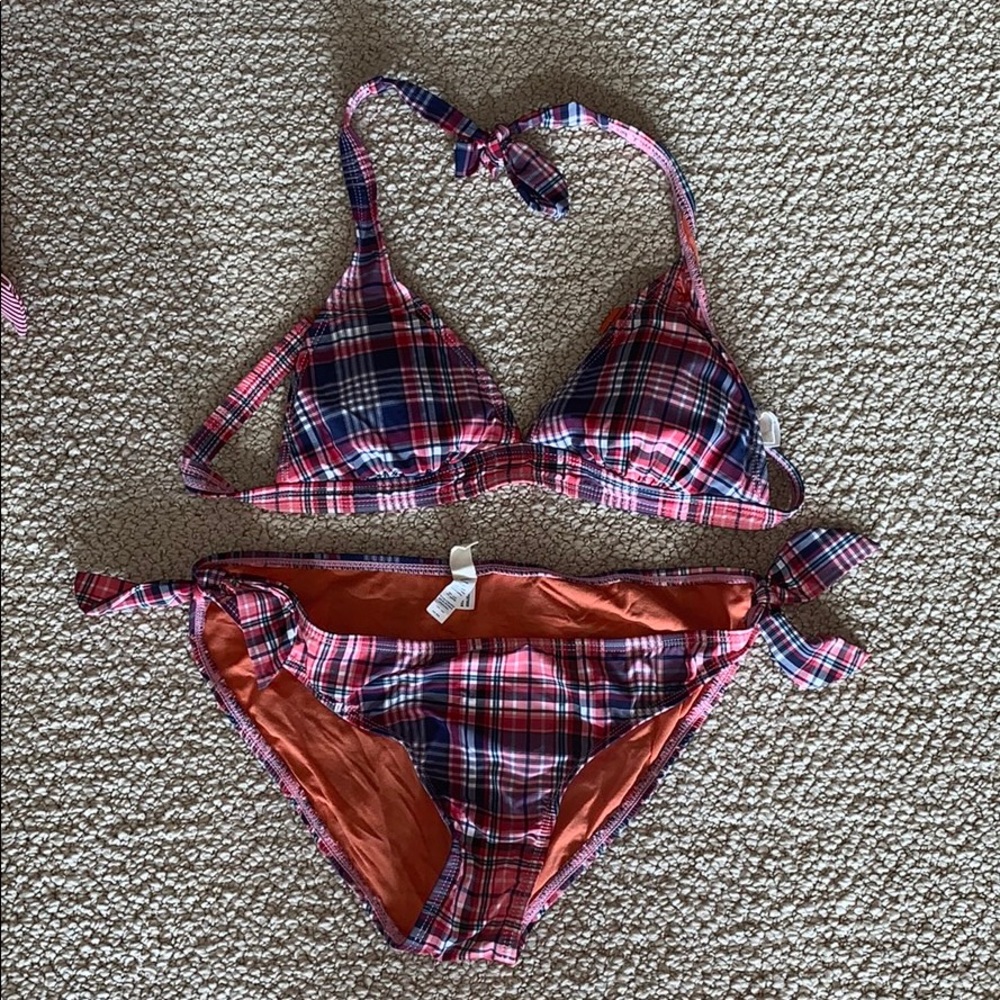 American Eagle pink and blue plaid bikini set